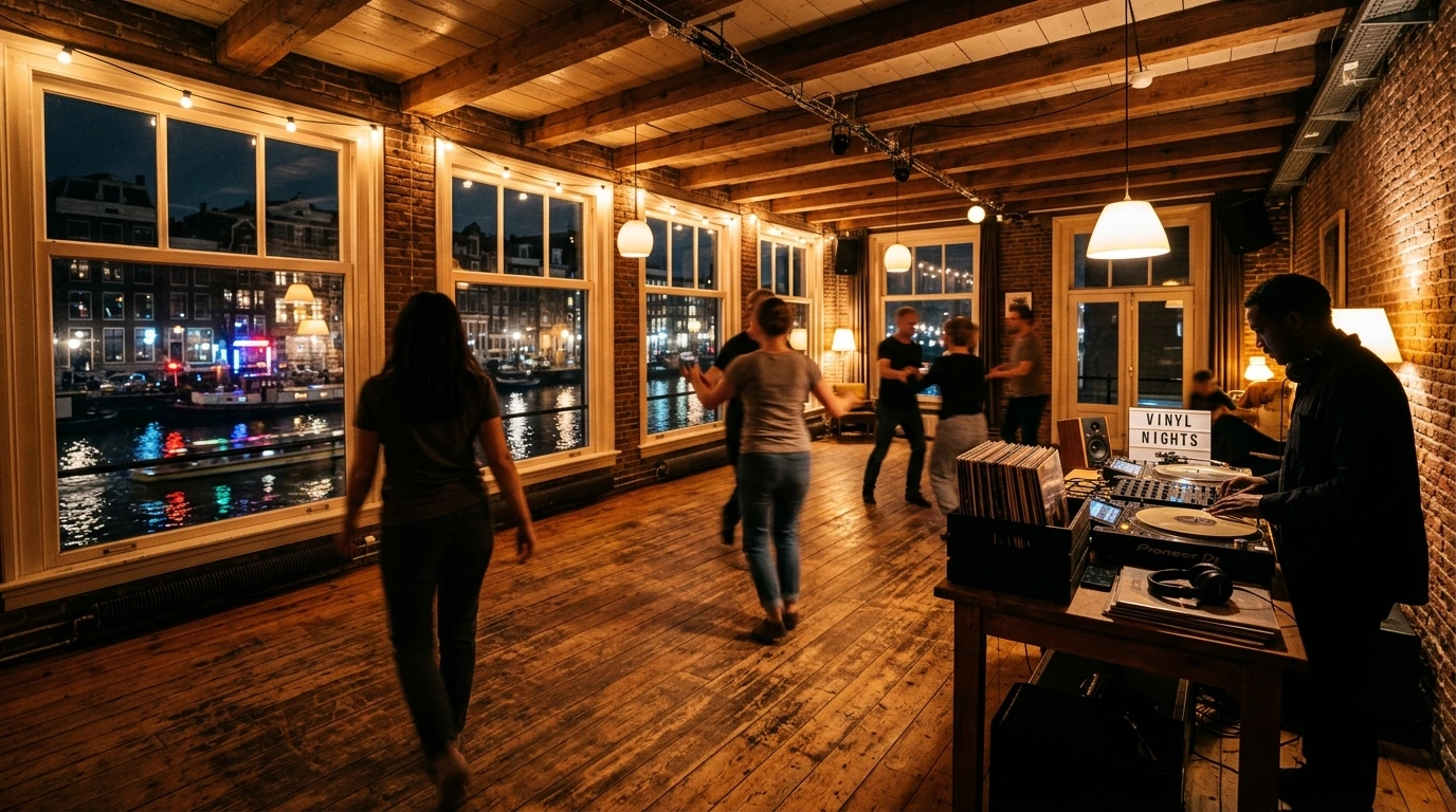 Intimate dance venue in Amsterdam at night