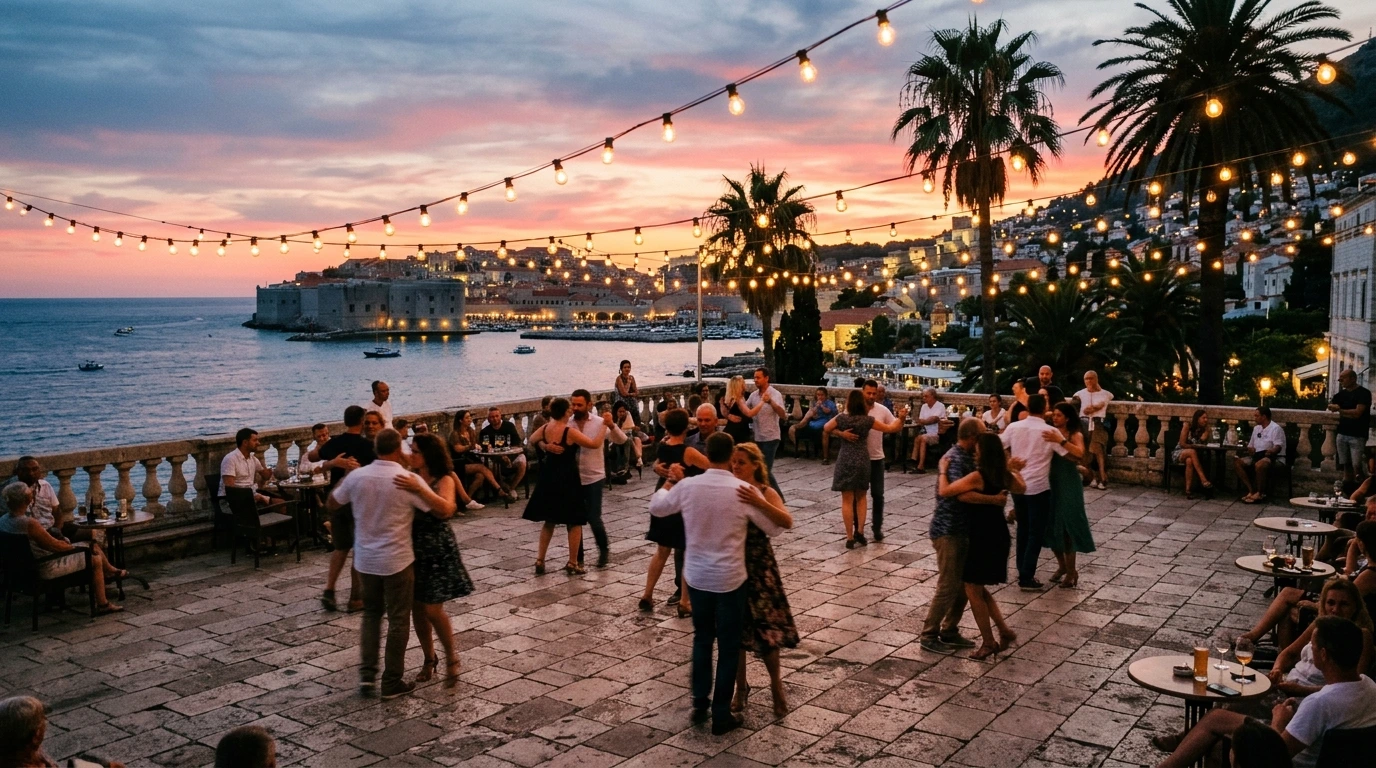 Outdoor bachata social in Barcelona at sunset