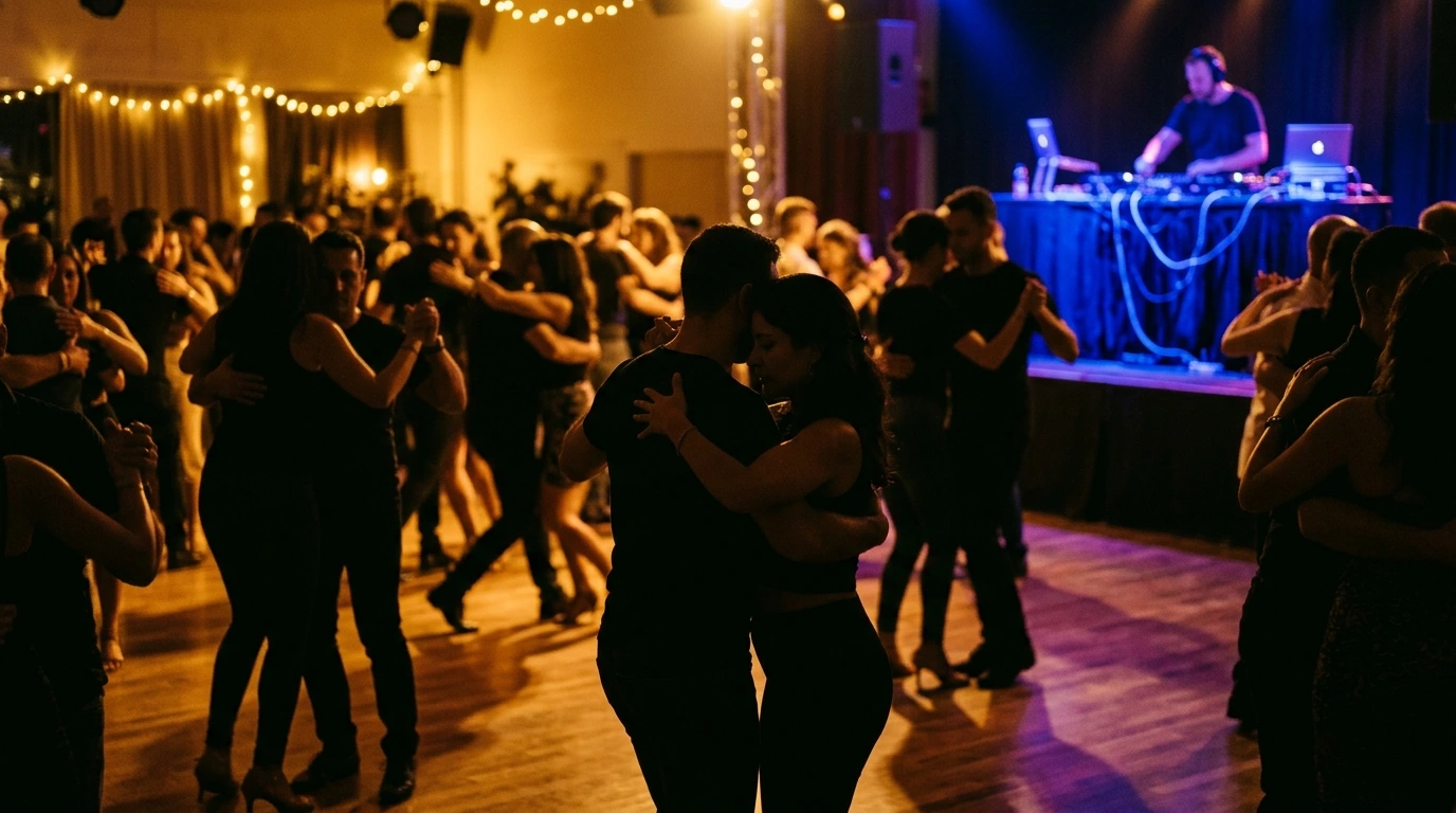 Bachata dancing in Berlin with warm lighting