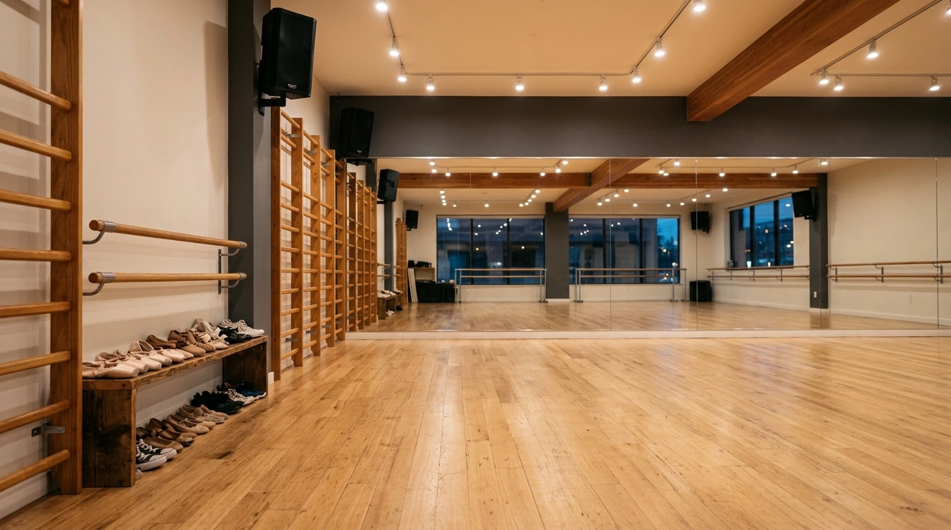 Modern dance studio with mirrors and wooden floor