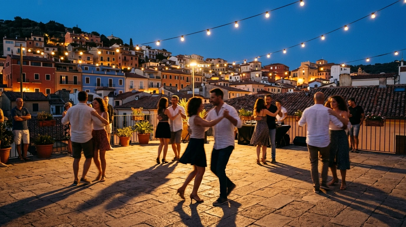Rooftop social dance in Lisbon at blue hour