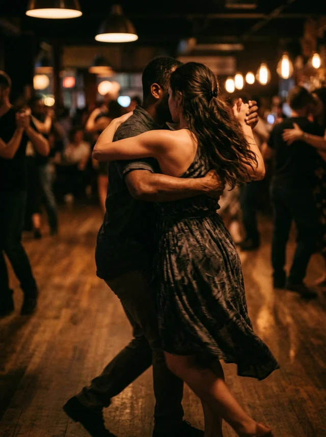 Bachata social dancing — couple dancing Bachata at a social dance event
