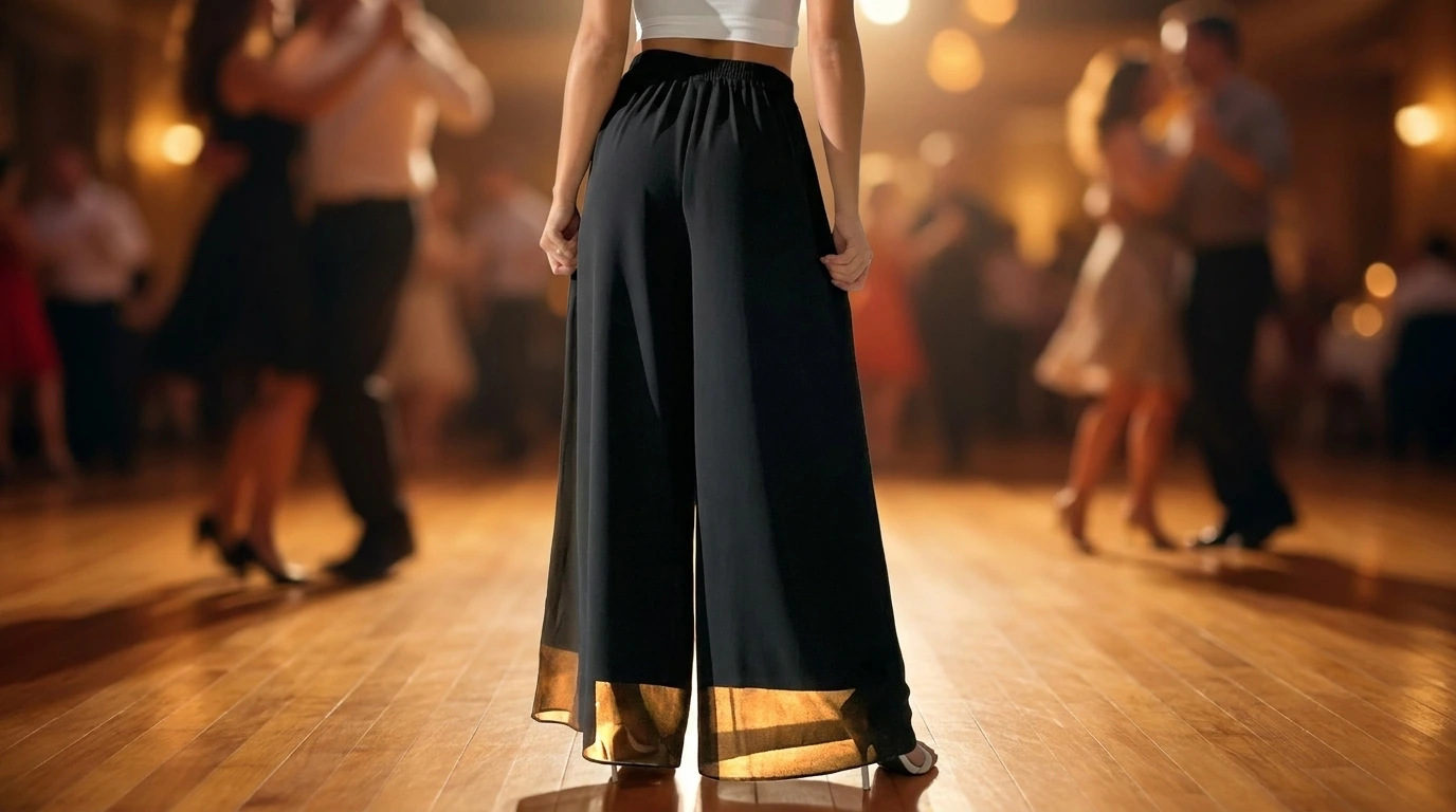 Dancer in black palazzo bachata summer pants standing on a warm wooden dance floor at an evening social, sheer hem glowing in the light