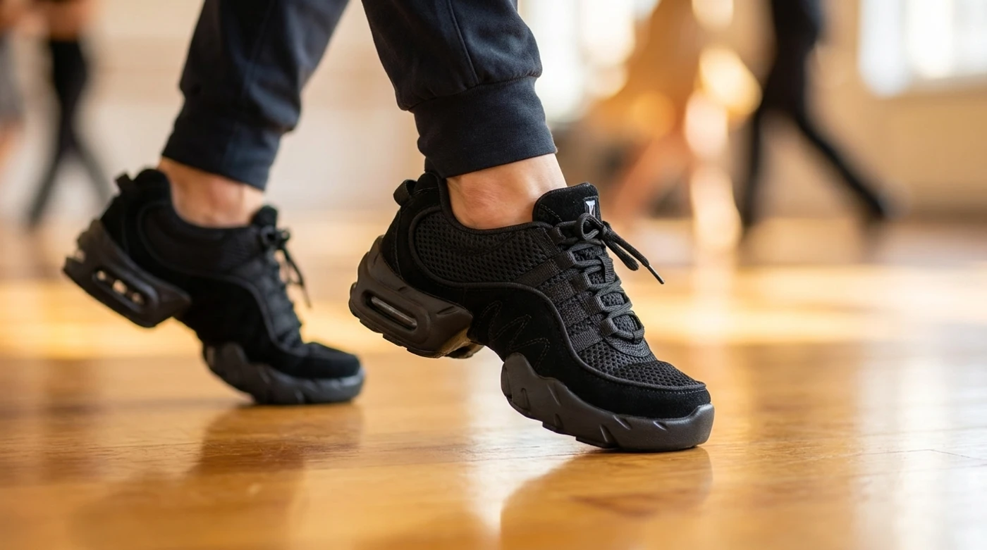 A dancer pivoting in the Bloch Boost sneaker on a wooden studio floor