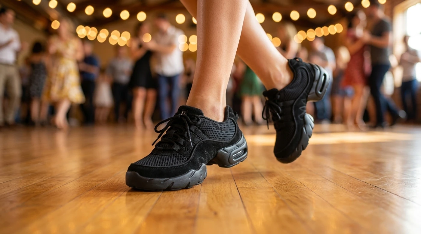 The Bloch Boost sneaker worn on a busy social dance floor with warm lights