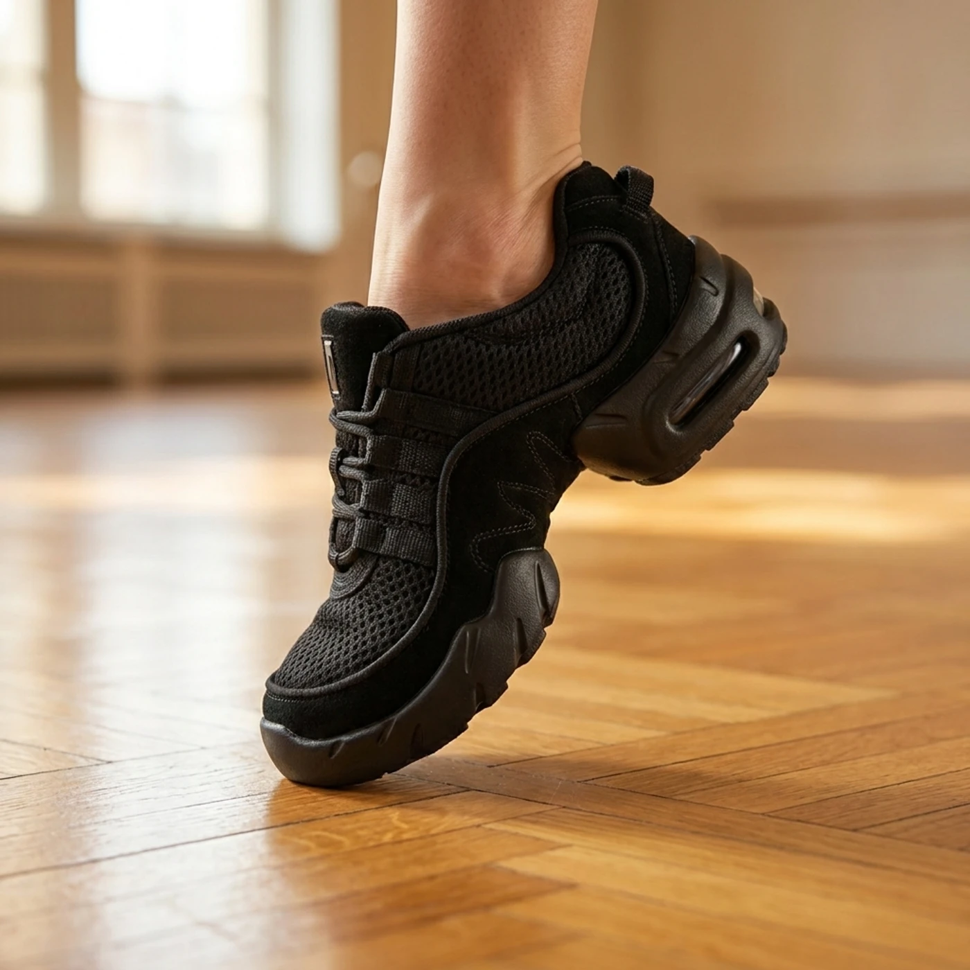Close detail of the Bloch Boost sneaker rising onto the ball of the foot mid-step