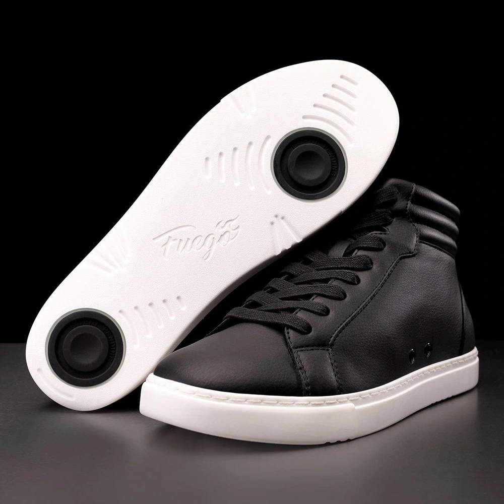 Black Fuego High-Top dance sneaker with padded ankle collar next to its white FlowTec sole