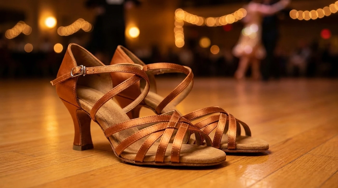 Very Fine Elektra bachata heels on a warm-lit wooden social dance floor